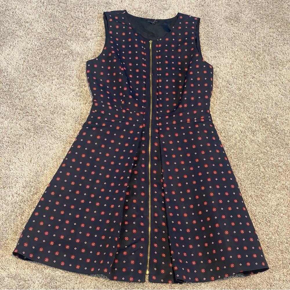 Tommy Hilfiger Navy Patterned A-Line Dress Navy Red White Gold - size 8